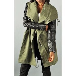 Zara Trafaluc Women's‎ Army Front Drape Coat With Faux Leather Sleeve Size S EUC